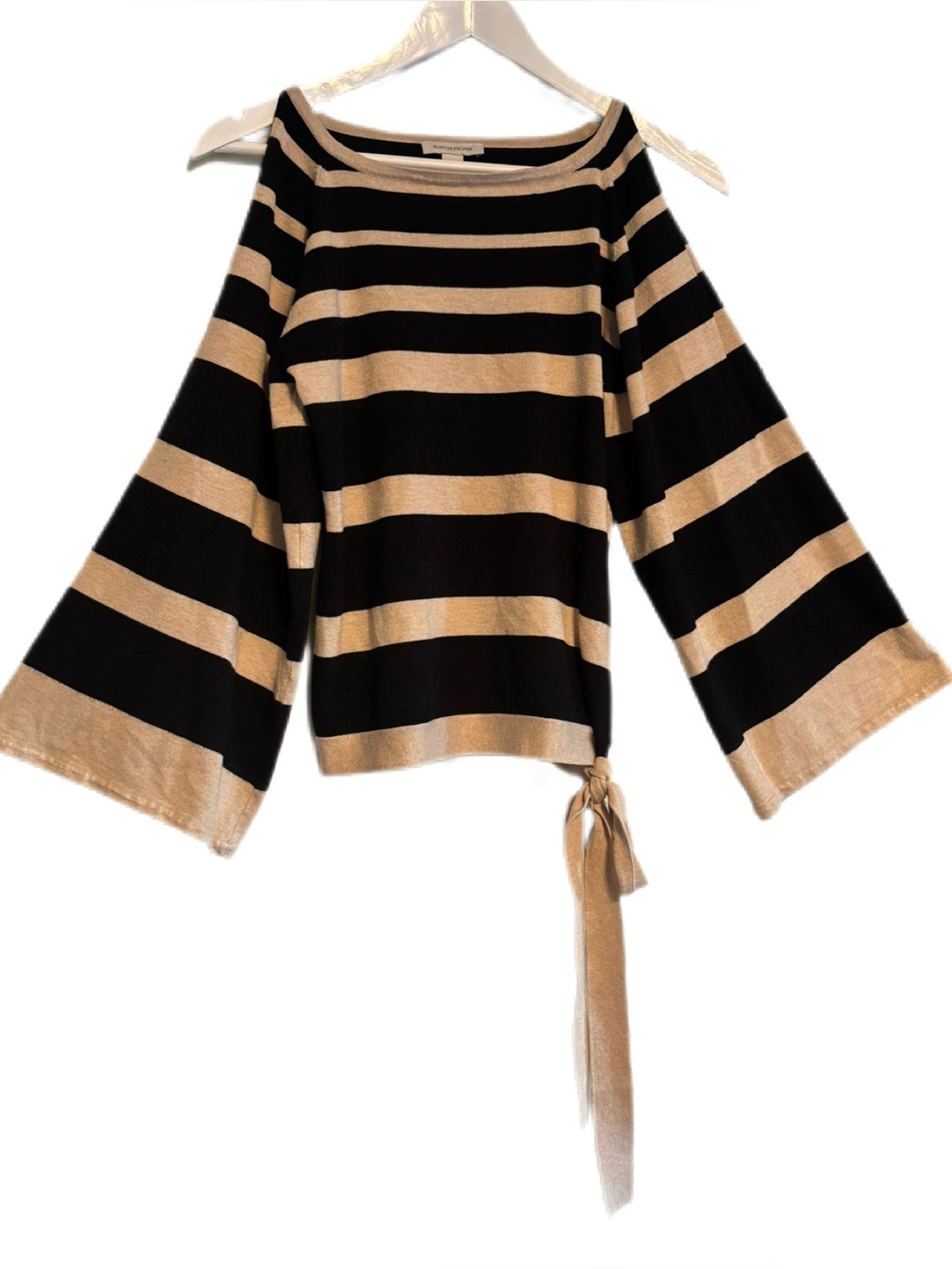 Boston Proper Striped Cold Shoulder Side Tie Knit Sweater Tan Black XS